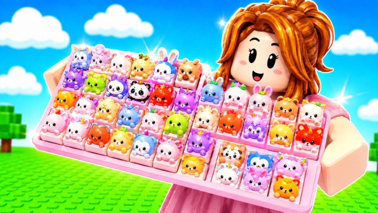 Roblox-Avatar hält ein pinkes Custom Keyboards Spielfeld voller bunter Tier-Keycaps unter hellem Himmel.