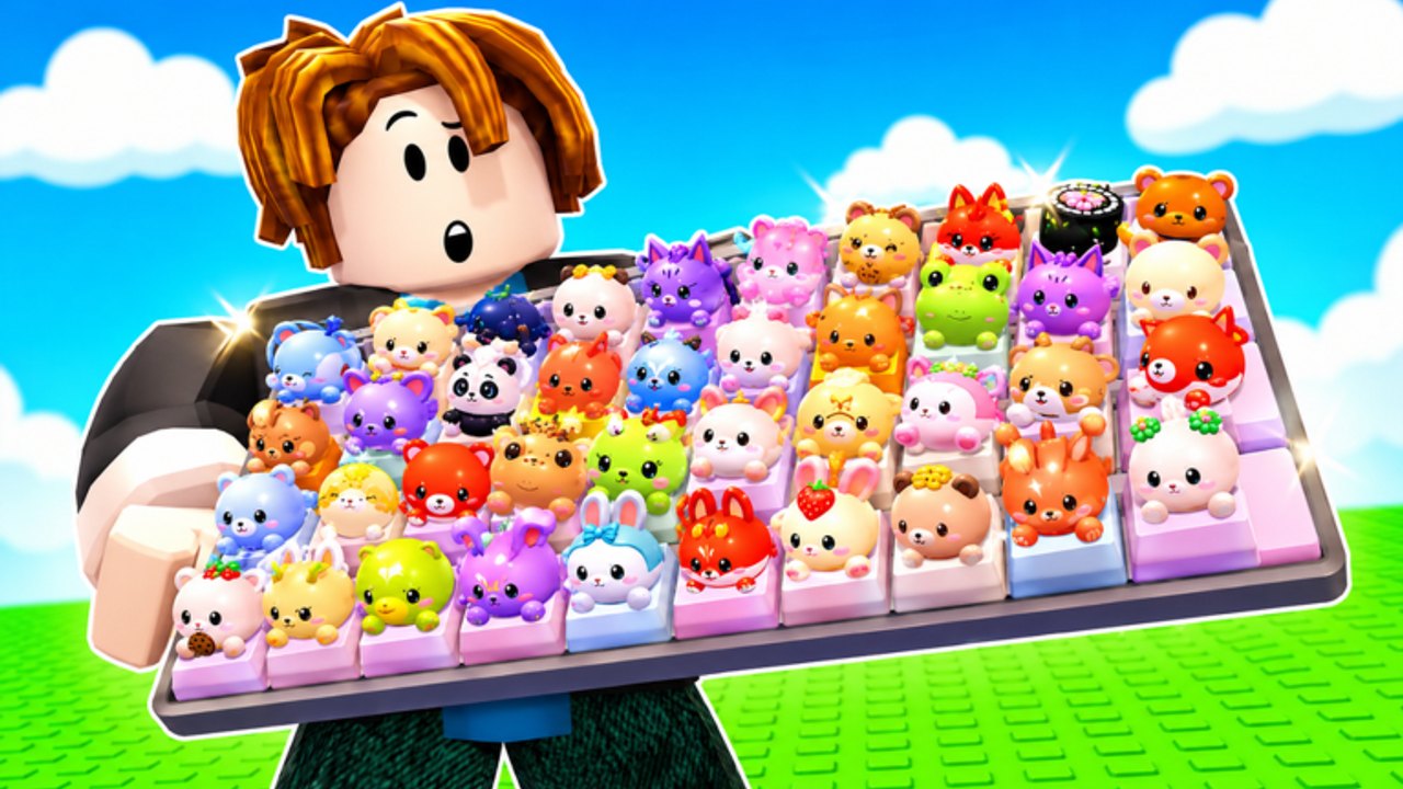 Roblox-Avatar zeigt eine gefüllte Custom Keyboards Anordnung aus niedlichen Tier-Keycaps auf einer Wiesen-Parzelle.